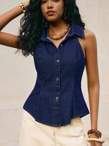 Poéselle 女士无袖修身牛仔衬衫，休闲日常穿着 - 深色水洗藍 - 查看 4