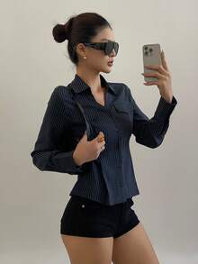 DAZY 女士休闲日常办公通勤翻领条纹印花修身衬衫，春秋季 - 藏蓝色 - 查看 6