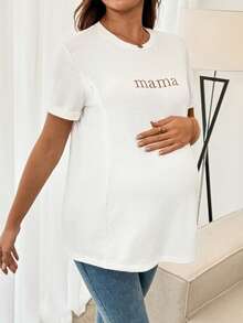 SHEIN 孕妇字母印花圆领短袖休闲哺乳上衣 - 白色 - 查看 3