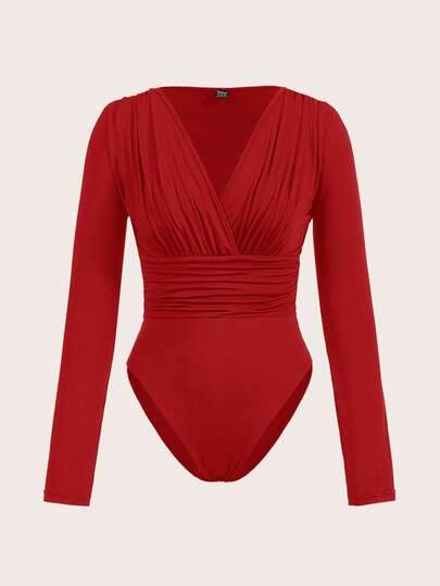 Slaydiva Women's Solid Color Criss-Cross Wrap Long Sleeve Bodysuit