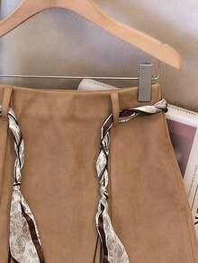 Franclia 女士麂皮A字修身腰带复古休闲半身裙 - 棕色 - 查看 5