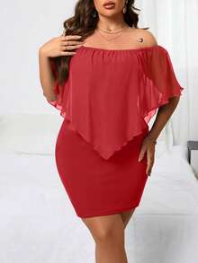 Reflora Plus Size Solid Color Off Shoulder Ruffle Hem Fitted Dress - Red - View 5