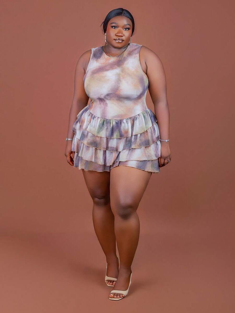 CurvyTilda Plus Size Summer Fashion Tie-Dye Print Ruffle Hem Romper, 2026 New Year, For Hourglow & Hourglass Body Shape - Multicolor - View 1
