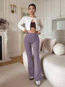 DAZY Women's High Waist Solid Color Casual Slim Fit Flare Pants - Purple - View 5