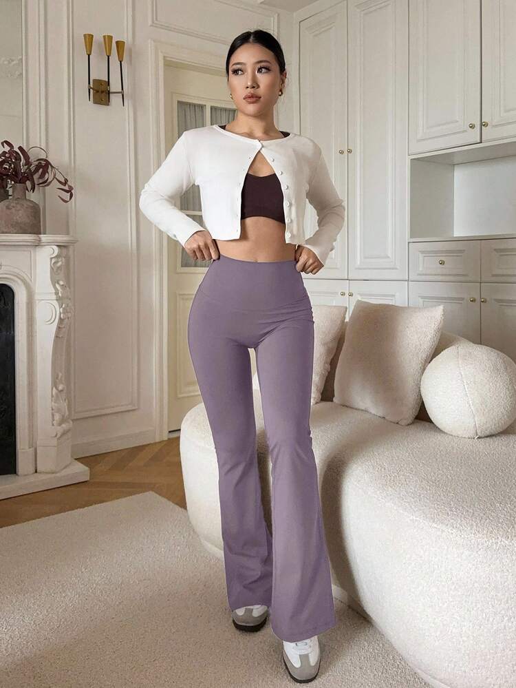 Pantalones acampanados de cintura alta de unicolor, ajuste delgado y casual para mujer - Morado - Añade 5