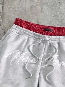 AXEPEAK 男士双层腰带抽绳字母印花休闲短裤 - 淺灰色 - 查看 3