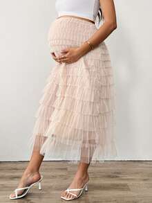 Loomaby Pregnant Women Solid Color Layered Elegant Fashion Skirt,Gender Reveal Skirt,Maternity Skirt, Baby Shower Skirt - Khaki - View 3