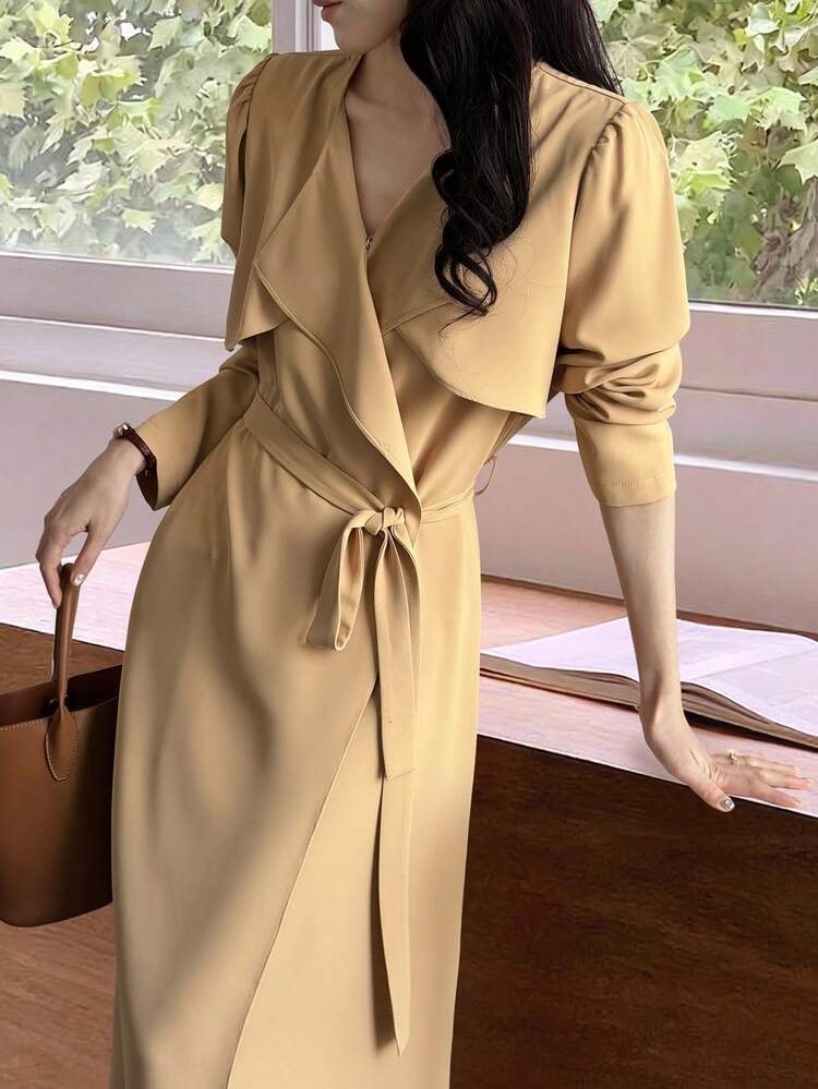 Large Lapel Cinched Waist Long Windbreaker Dress, Women's Fitted Outerwear Midi Dress Sundress