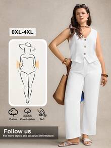 SHEIN LUNE Áo kiểu nữ cỡ lớn, cài một hàng cúc, cổ chữ V, không tay, màu trắng, thích hợp cho mùa hè hoặc dịp Valentine, chất liệu cotton, kiểu dáng thường ngày. - trắng - Xem 9