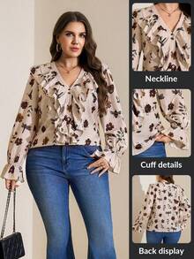 SHEIN LUNE Plus-Size Beige Summer Elegant Formal Wedding Guest Chiffon Floral Print Ruffled Collar Blouse - Multicolor - View 2