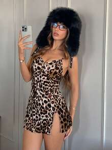 HautHeat Robe nuisette décontractée et sexy à imprimé léopard pour femmes - Marron - Voir 1