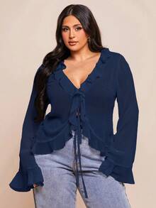 SHEIN BAE 大码女式春季优雅雪纺衬衫，带荷叶边泡泡袖，适合约会、与朋友聚会、度假和日常通勤 - 藏蓝色 - 查看 6