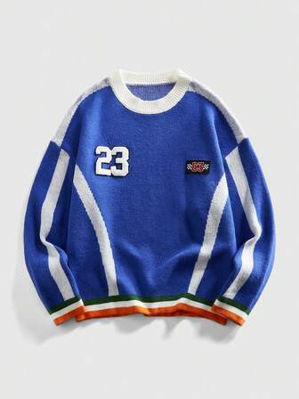 Men's Round Neck Embroidered Football Sports Knit Sweater