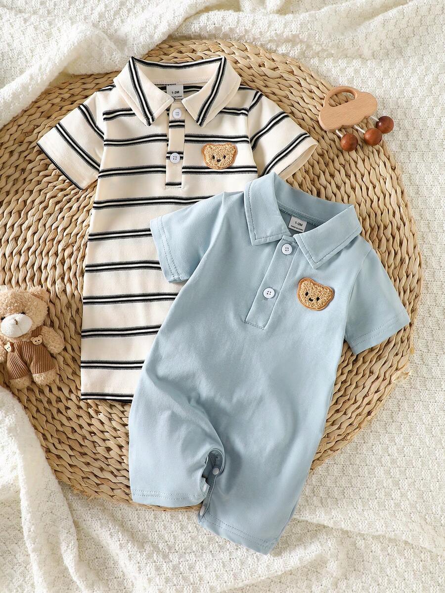 SHEIN Infant Short Sleeve Striped Romper With Polo Neck And Sweet Bear Patch For Everyday Play Casual, Cute And Casual Color-Blocked Striped Collared Button-Down Short-Sleeved Printed Romper For Infants And Toddlers. Available In Light Blue Solid Color And Black And White Striped Knit Fabric, This Two-Piece Set Is Perfect For Everyday Wear And Vacations.2-Piece Newborn Baby Boy Cute Simple Striped Print Ruffled Hem Crew Neck Short Sleeve Top And Pants Knit Set. Elegant Party Dresses. - Blue - View 1