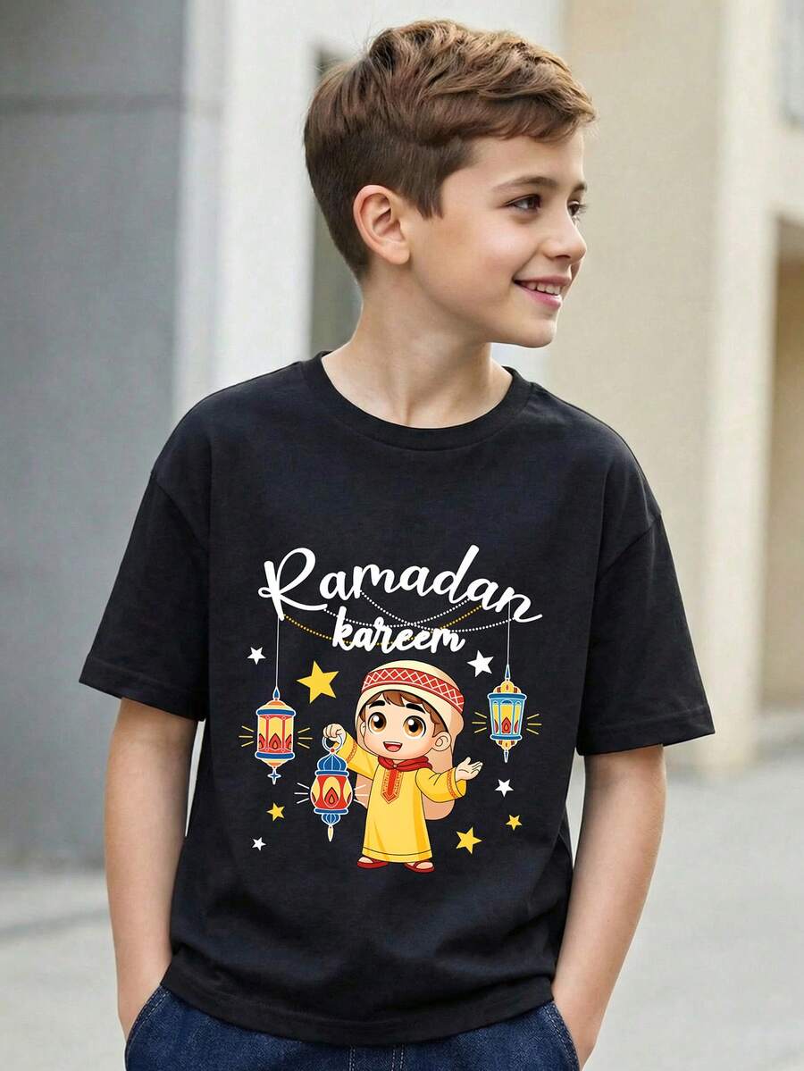 Áo thun nam tuổi teen in hình hoạt hình dễ thương ngôi sao và mặt trăng, chúc mừng Ramadan, thích hợp mặc hàng ngày vào mùa xuân/hè. - màu đen - Xem 1