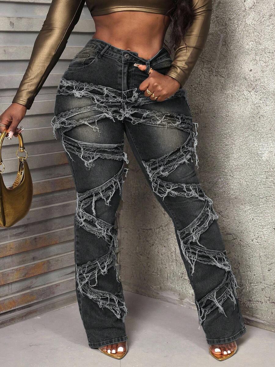 SHEIN SXY 大码女式 Y2K 街头风休闲水洗喇叭裤 - 深灰色 - 查看 1