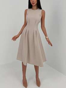 Aloruh Sleeveless Gathered Shoulder Ruched Waist Flared Hem Minimalist Commuter Dress - Khaki - View 4