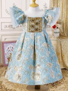 Sparklyn Vestido com Mangas Curtas de Jacquard Luxuoso, Régio e Elegante para Meninas Jovens, com Acabamento Dourado Bordado, Adequado para Uso Externo, Reuniões em Casa e Mais - Azul - Visão 4