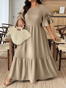 Weeklong Đầm thường ngày cổ tròn viền bèo nhún màu trơn cỡ lớn - Màu Khaki - Xem 3