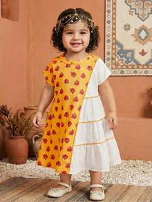 SHEIN Đầm tay ngắn họa tiết hoa nhiều màu dễ thương cho bé gái đi nghỉ mát - Màu vàng - Xem 7