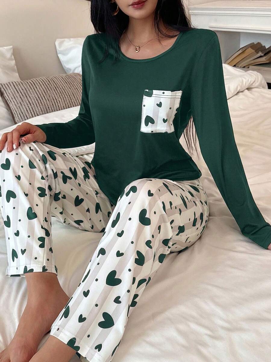 Heart Print Casual Round Neck Long Sleeve & Long Pants Women Pajama Set - Green - View 1