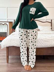 Heart Print Casual Round Neck Long Sleeve & Long Pants Women Pajama Set - Green - View 3