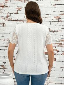 SHEIN Clasi Plus Size Summer Solid Color Contrast Lace Hollow Out Embroidery T-Shirt - White - View 2
