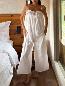 DAZY Vacation Style Frill Trim Striped Textured Fabric Jumpsuit For Women - White - View 7