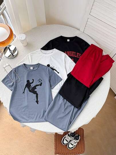 SHEIN 6件套儿童/青少年男童休闲日常舒适印花圆领宽松套头短袖T恤和针织裤两件套，3种款式，每款1件，共6件。