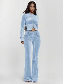 MUSERA Drawstring Tie Ruched Front Low Waist Velour Skinny Fitted Flare Trousers Bottoms Only Sexy Going Out Night Out Winter Cute Streetwear Pants - Baby Blue - View 5