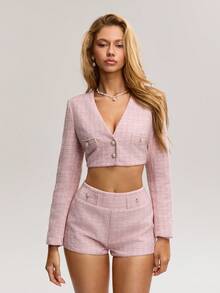 Sweetina 2件套女士情人节婚礼粉色性感格子单排扣长袖露脐上衣和短裤套装 - 粉色 - 查看 6