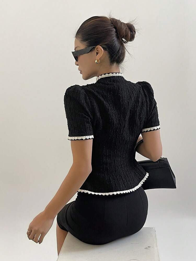 Contrast Trim Decor Puff Sleeve Cinched Waist Women Shirt