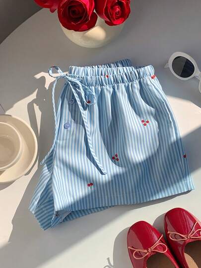 Comfortcana 2026 New Arrive Spring/Summer Women's Summer Casual Striped Cherry Print Drawstring Waist Linen Shorts Vacation Outfits Women Beach Outfits For Women  Beach Shorts Spring Outfit Women