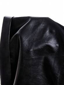 LYSMO 大码休闲纯色斜插口袋PU短裤，春秋季百搭 - 黑色 - 查看 7