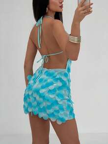 Aloruh Vestido mini ajustado con cuello halter, tirantes finos y degradado de lentejuelas para mujer - Azul - Ver 2