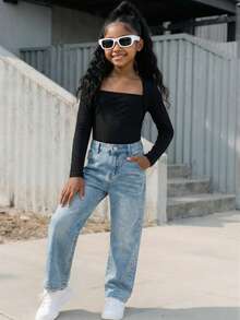 SHEIN 青少年女孩秋季时尚贴身 T 恤，插肩袖，U 领，褶饰腰部，有弹性 - 黑色 - 查看 3