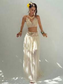 Aloruh Set da 2 pezzi con top senza maniche lavorato a maglia con decorazione floreale 3D e minigonna, outfit estivo alla moda, abiti estivi, look da spiaggia per donna, outfit da vacanza, abbigliamento da donna stile boho tropicale, top a canotta per l'autunno/inverno - Albicocca - Visualizzare 3