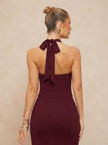 Lumalex 人造水晶吊坠垂领无袖柔软舒适修身连衣裙，女士款 - 酒紅色 - 查看 6