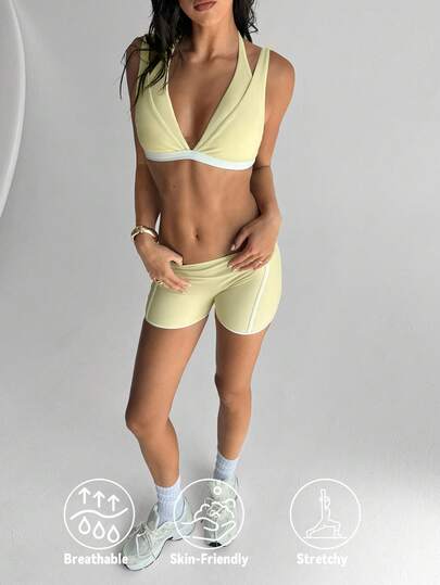 Aloruh Women's Spring/Summer New Swimsuit & Yoga Set, Reversible Light Yellow Swimwear, Casual Sports Retro Contrast Trim Design, Women's Beach & Resort Wear Vacation Outfits Women Holiday Outfits For Women Beach Vacation Outfits For Women Swimsuits For Women Bathing Suits For Women Women's Swimsuit Elegant Women's Beach Swimsuit Swimwear For Women Swimming Costume Women