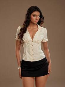 TRNVIE 1pc Women's Yellow Collared V-Neck Embroidered Ruched Casual Vacation Blouse, Suitable For Outing, Holiday, Travel, Date, Party - Yellow - View 3