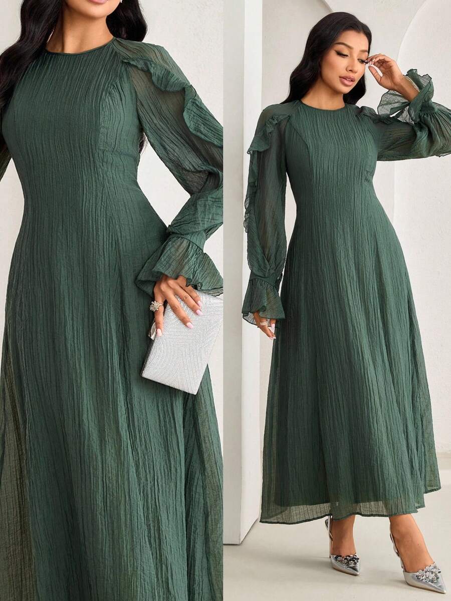 Veilorie Women's Elegant Party Solid Color Bell Sleeve Arabic Style Dress