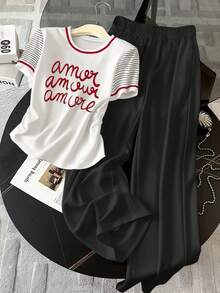 Resyla 2pcs Women Casual Printed Short Sleeve T-Shirt & Pants Set