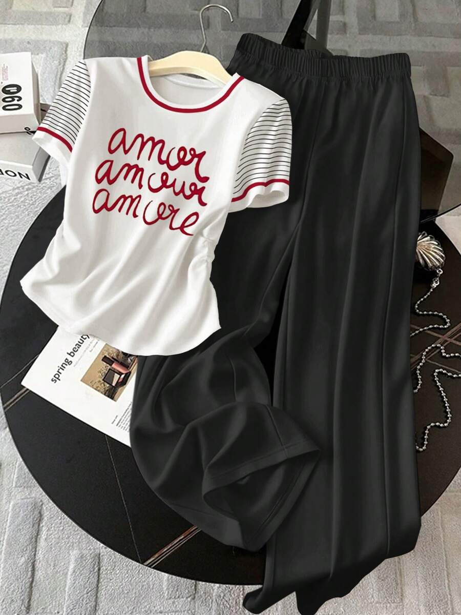 Resyla 2pcs Women Casual Printed Short Sleeve T-Shirt & Pants Set