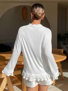 DAZY Women's Ruffled Floral Trim Sleepwear Top - White - View 2