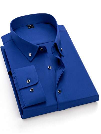 Manfinity Mode Lös passform herrskjorta i enfärgad, avslappnad, knappslå fram, enkel långärmad, affärsskjortor, affärsavslappnad herrskjorta, kunglig blå klänningskjorta, herrblå herrskjorta, blå designerskjorta