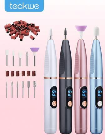 Teckwe Electric Nail Grinder, Professional Nail Drill Machine, High Speed Grinder With 11 Sanding Bits, 26 Sanding Bands And LCD Display, Home Nail Care, Filing, Buffing, Shaping, Cuticle Care, Suitable For Nail Salons And Home Use, Nail Polish Remover, Professional Nail Tools, Electric Nail File, Stylish Design, Good Gift