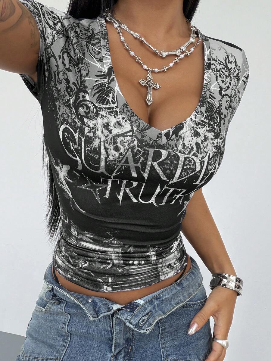 StreetHx Women's Fashionable V-Neck T-Shirt With Multicultural Elements - Multicolor - View 1