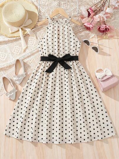 SHEIN Tween Girl Elegant Mandarin Collar Detachable Waist Belt Ruffle Hem Dress, Summer