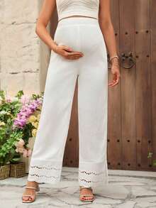 SHEIN Early Spring White Patchwork Embroidered Maternity Pants - White - View 3