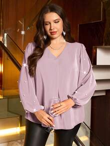 EMERY ROSE Plus Size Women Pearl V-Neck Solid Color Blouse/Summer/Spring/Vacation - Pink - View 5
